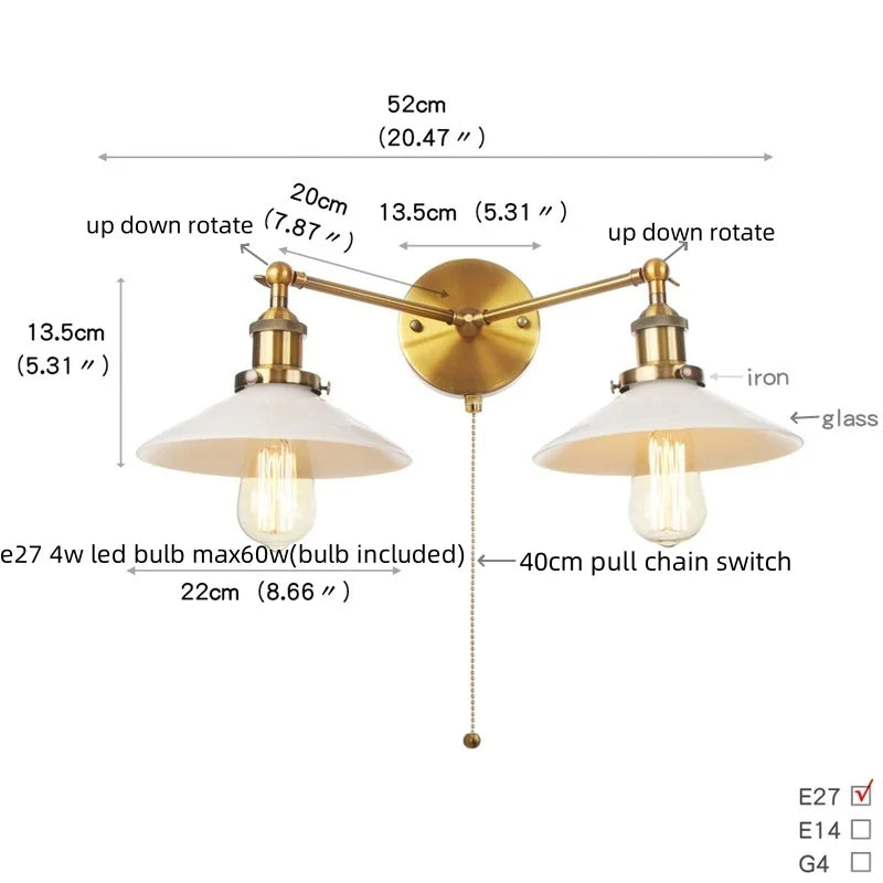 Afralia™ Glass 2-Light Wall Sconce with Pull Chain Switch for Bedroom and Bathroom