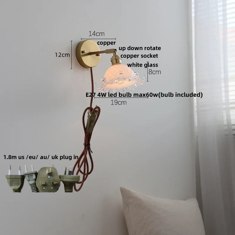 Afralia™ White Glass Copper LED Wall Sconce with Pull Chain Switch