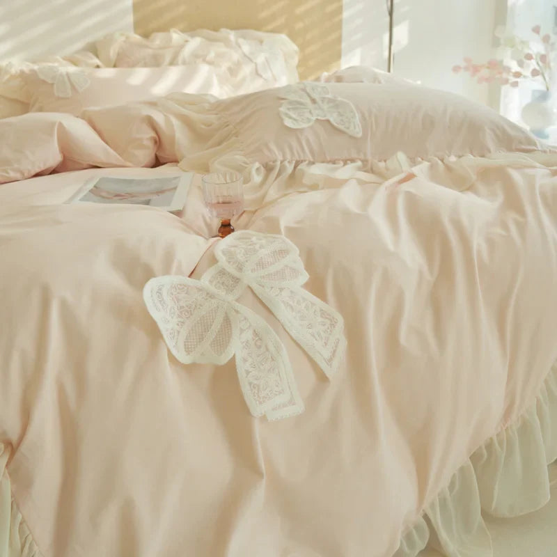 Afralia™ Korean Lace Ruffles Queen Size Duvet Cover with Bow Detail - Romantic French Design