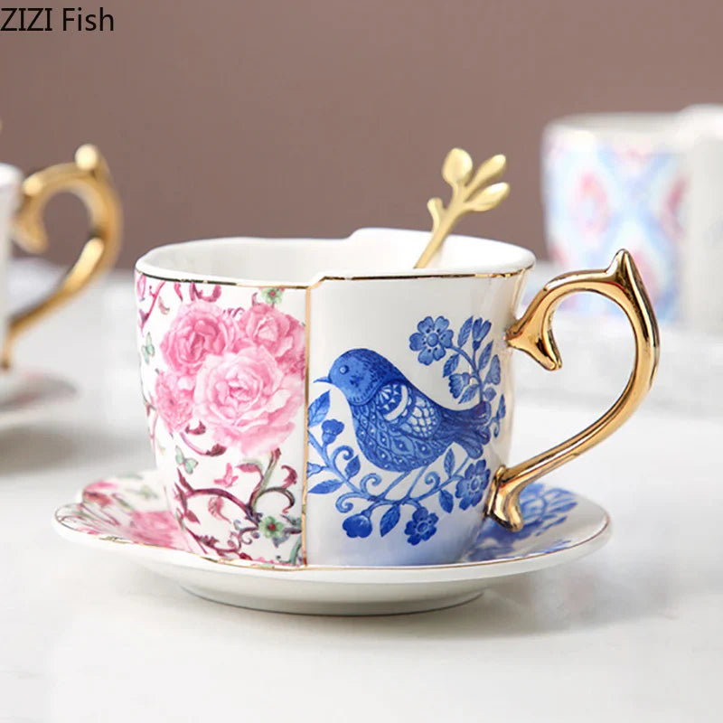 Afralia™ Flowers Bird Pattern Ceramic Tea & Coffee Mug Saucer Set Dining Table Cup
