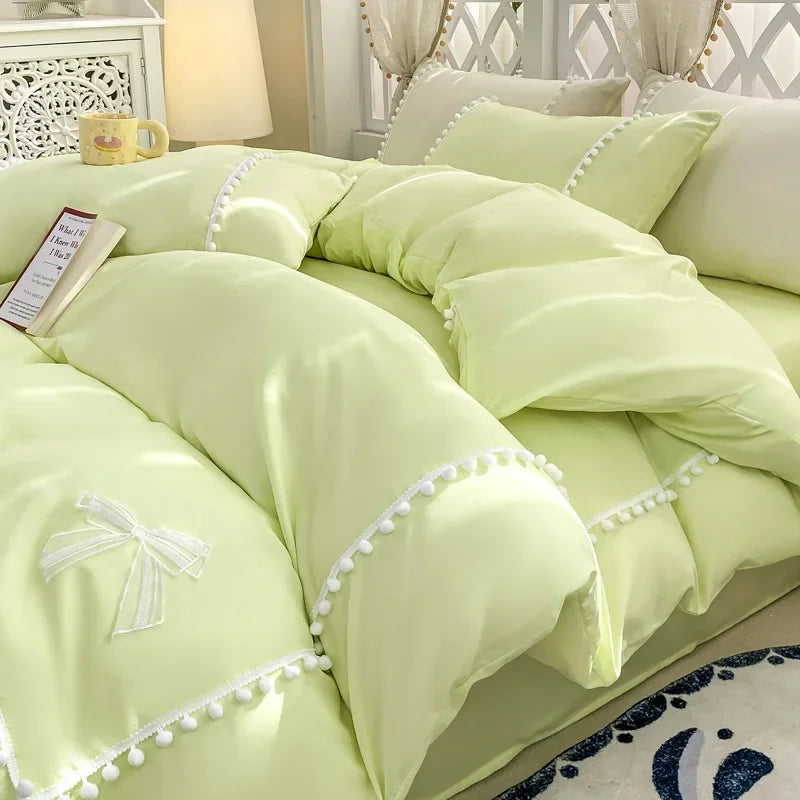 Afralia™ Pearl Lace Bowknot Princess Bedding Sets for Girl Woman Bedroom