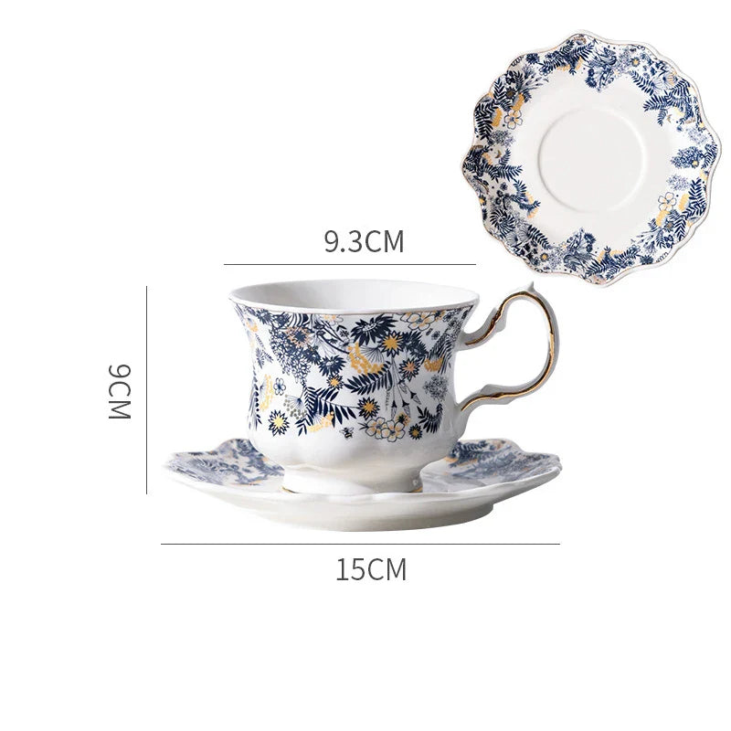 Afralia™ Blue & White Porcelain Classic Coffee Mug Set Gold Rim Tea Cup Saucer