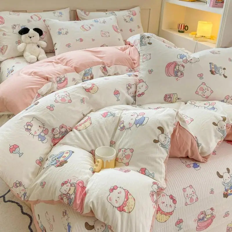 Afralia™ Cartoon Cat Floral Duvet Cover Set - Pink Kids Girls Bedroom Decor
