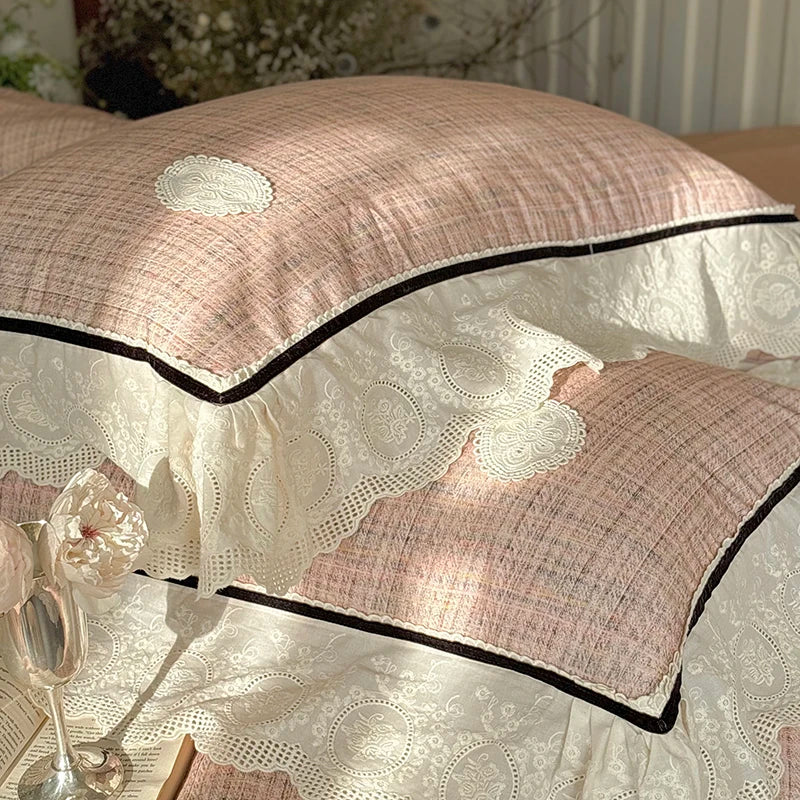 Afralia™ French Lace Ruffles Lattice Bedding Set 1000TC Egyptian Cotton Duvet Cover Sheets Pillows