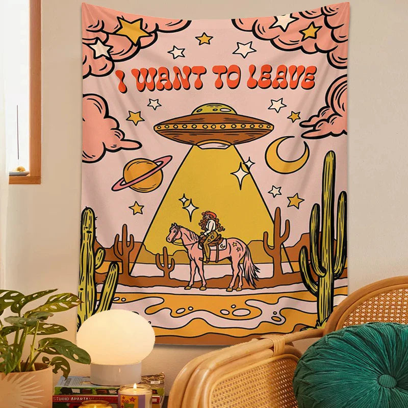 Afralia™ Space Planet Cactus Moon Wall Tapestry - Boho Hippie Room Decor