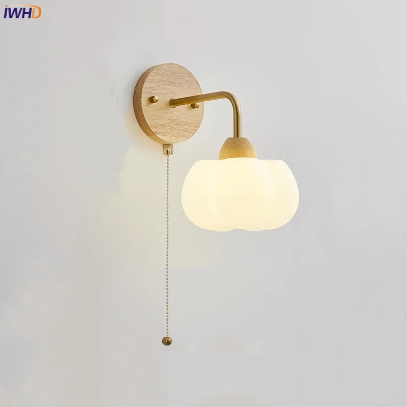 Afralia™ Wood Canopy LED Wall Light with Pull Chain Switch for Bar, Bedroom & Restaurant