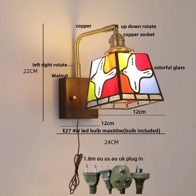 Afralia™ Amber Glass LED Wall Sconce with Walnut Wood, Pull Chain Switch for Living Room