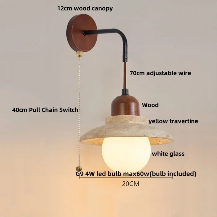 Afralia™ Wood Canopy LED Wall Sconce Yellow Travertine Stone Pull Chain Switch