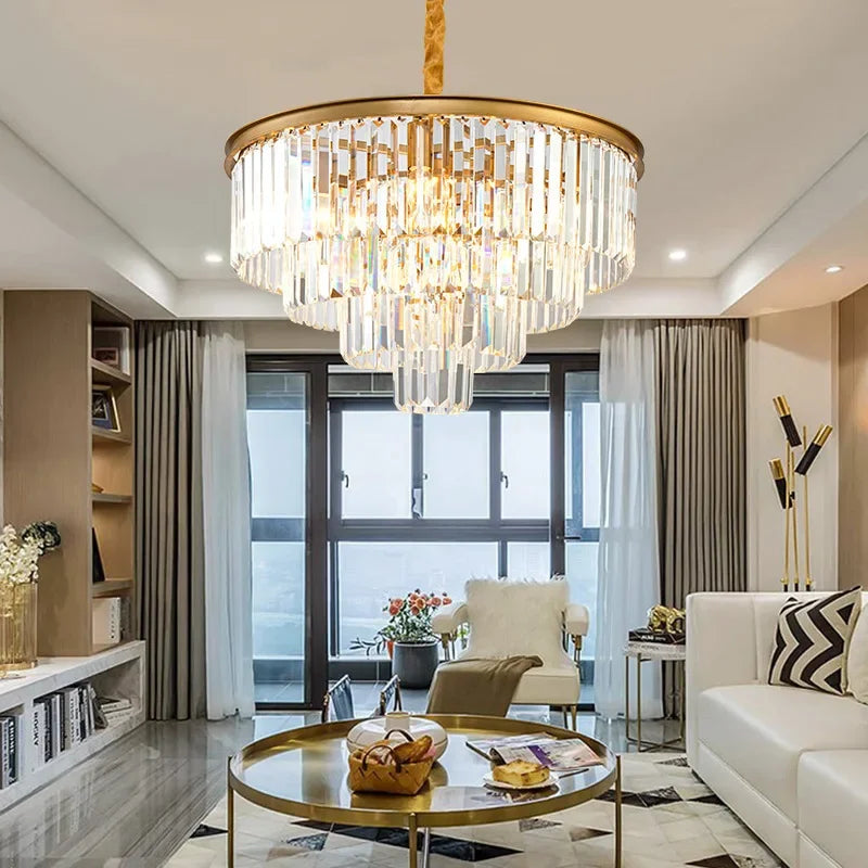 Afralia™ Crystal Gold Black LED Chandelier - Multi-Storey Modern Round Pendant Lamp