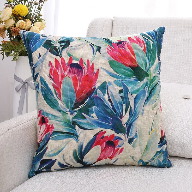 Afralia™ Green Plant Leaves Flower Linen Cushion Cover - Modern Sofa Throw Pillow Cover