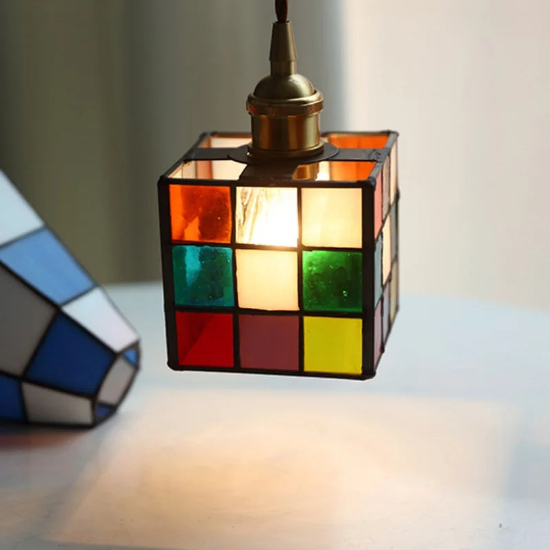 Afralia™ Colorful LED Glass Pendant Light Fixture, Modern Nordic Cube Hang Lamp
