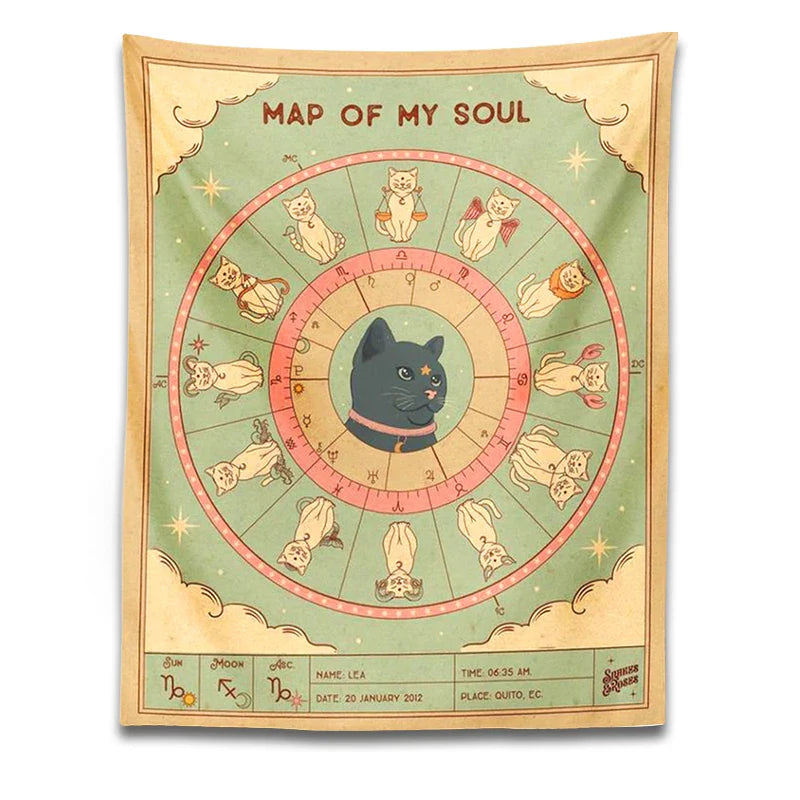 Afralia™ Cat Tapestry Soul Tarot Zodiac Constellation Wheel Retro Boho Living Room Decor