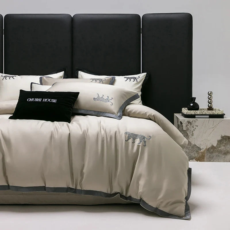 Afralia™ Luxury Leopard Embroidery Egyptian Cotton Bedding Set