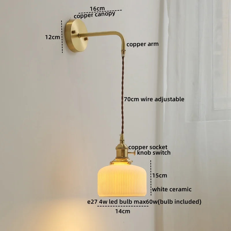 Afralia™ Ceramic Copper LED Wall Sconce Pull Chain Switch Stair Light for Home Decor