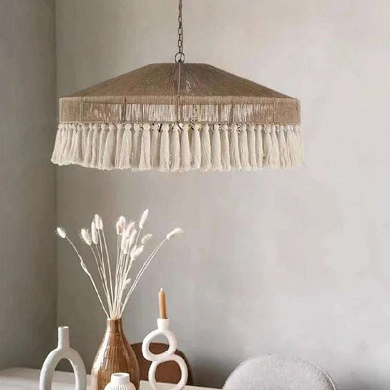 Afralia™ Retro Hemp Rope Tassel Pendant Light: Hand-woven Creative Bedroom Dining Room Main Lamp