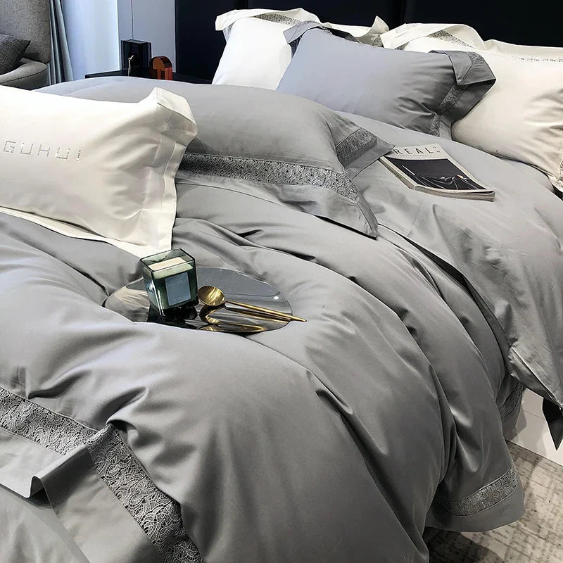 Afralia™ Grey Hollow Lace 1000TC Egyptian Cotton Bedding Set with Wide Edge