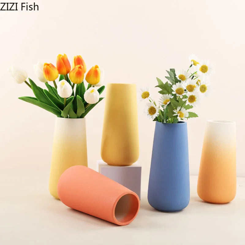 Afralia™ Gradient Ceramic Vase Cylinder Desk Decoration Floral Vases Modern Room Decor