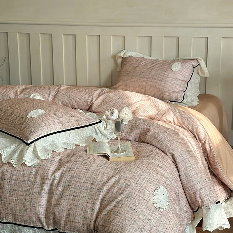 Afralia™ French Lace Ruffles Lattice Bedding Set 1000TC Egyptian Cotton Duvet Cover Sheets Pillows