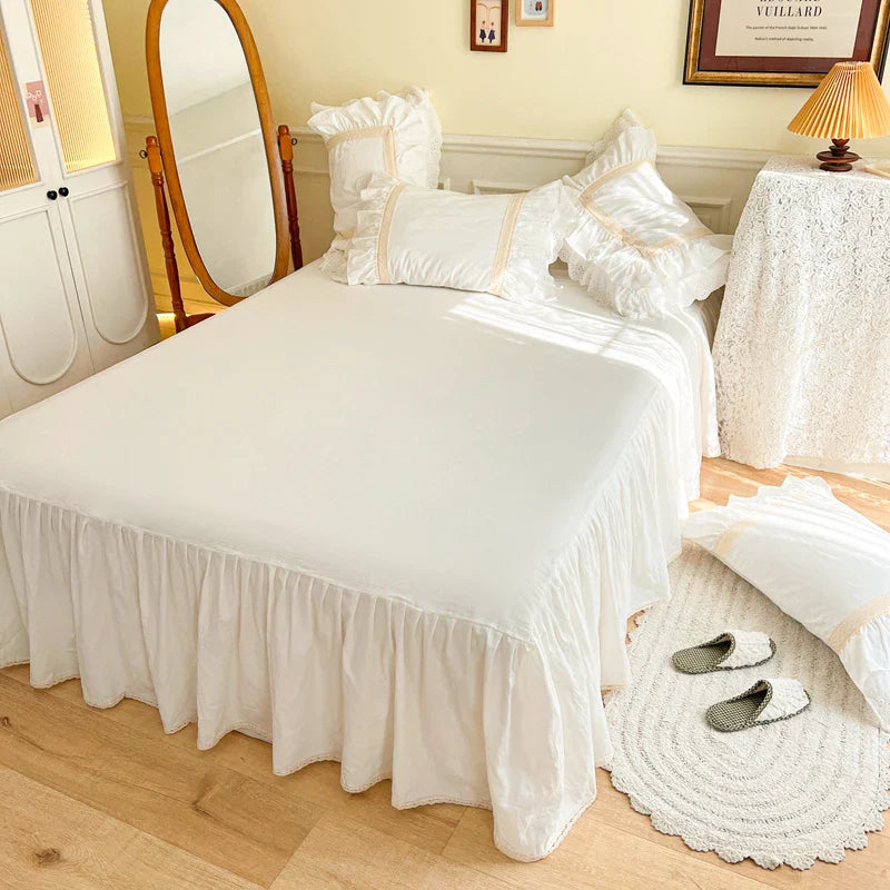 Afralia™ French Vintage Ruffles Embroidery Bedding Set, Cream White, 100% Cotton, Quilt Cover