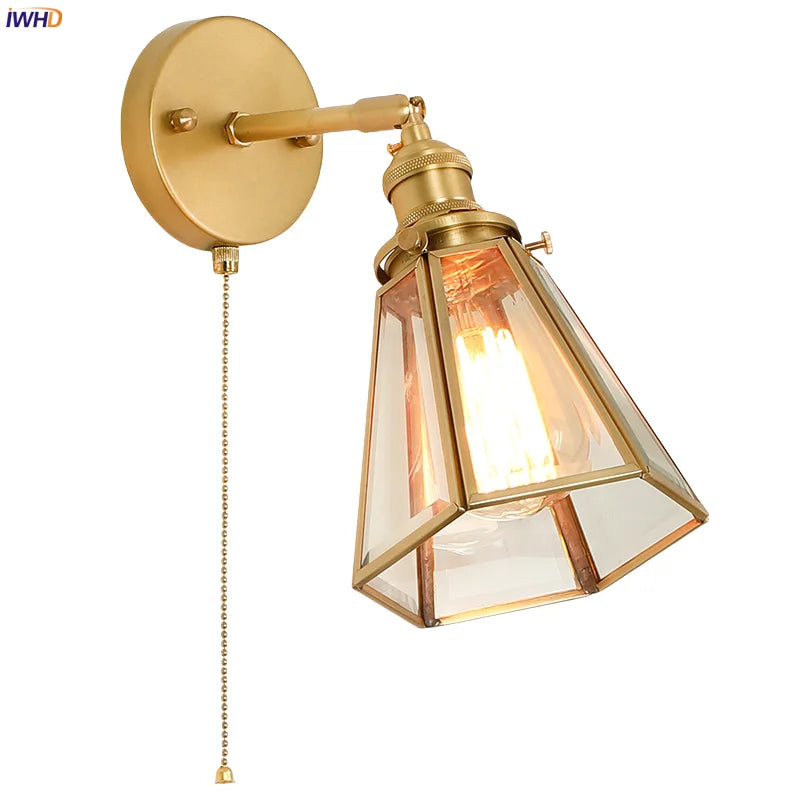 Afralia™ Hexagonal Glass LED Wall Lamp Vintage Copper Pull Chain Switch for Living Room