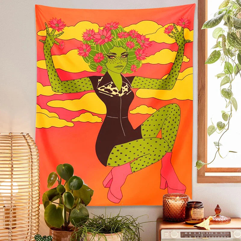 Afralia™ Cactus Girl Tapestry Wall Hanging 60s Flower Psychedelic Retro Boho Decor