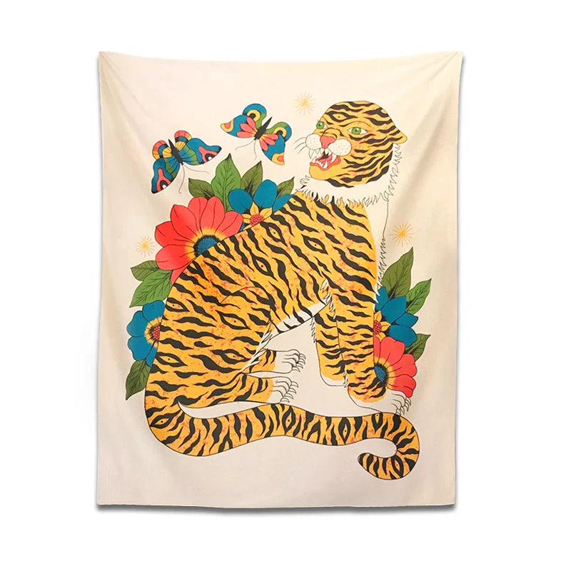 Afralia™ Tiger Tapestry: Hippie Boho Wall Hanging with Floral Butterfly, Psychedelic Animal Art