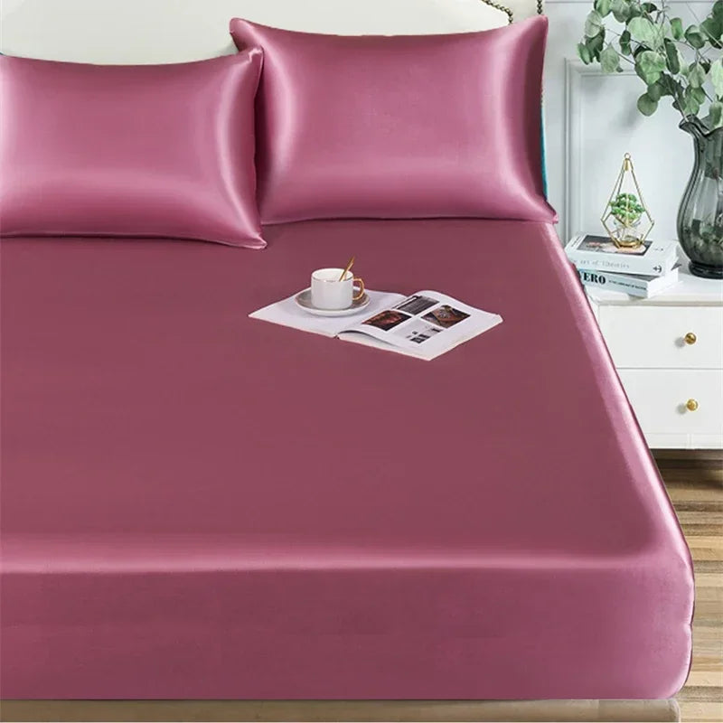 Satin Silky Fitted Sheet with Elastic Band by Afralia™ in Queen/King Size