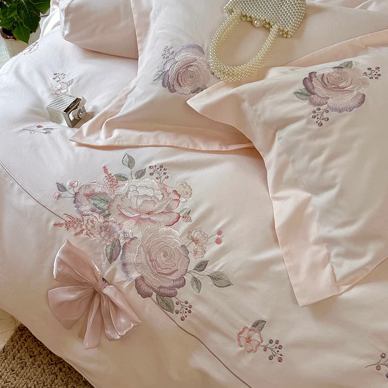 Afralia™ Flowers Embroidery Bow Wedding Bedding Set - Single Queen King Size Cotton Duvet Cover Bed Sheet Pillowcases