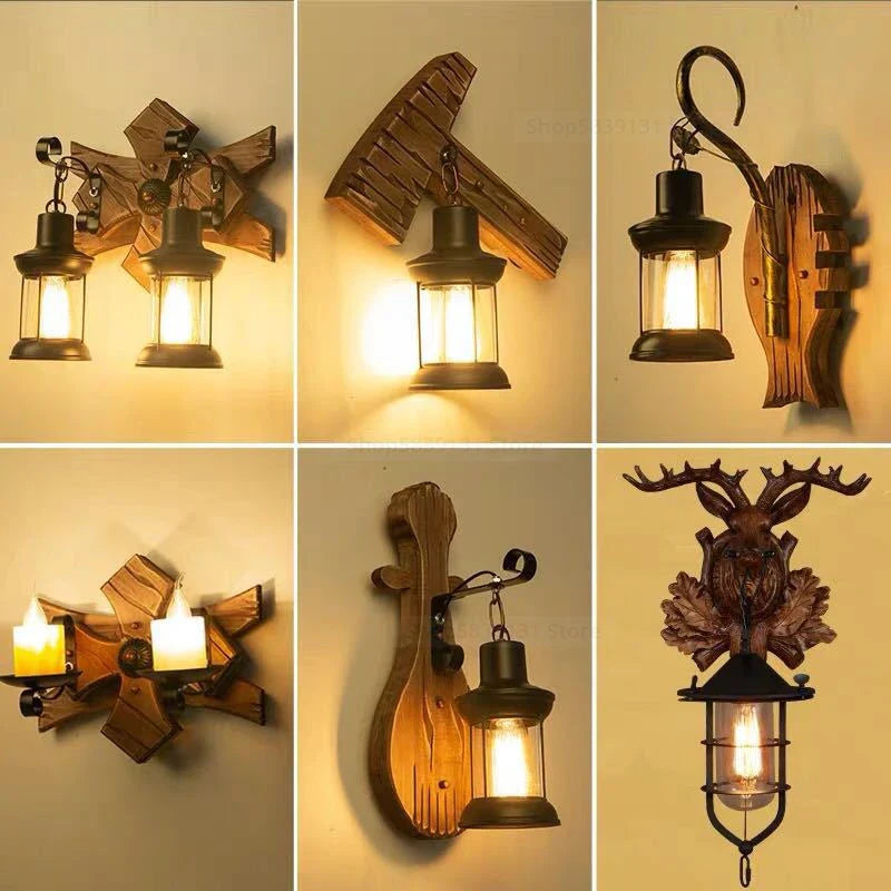 Afralia™ Wrought Iron Wood Wall Lamps - Retro LED Wall Lights for Home, Bar, Cafe & Living Room