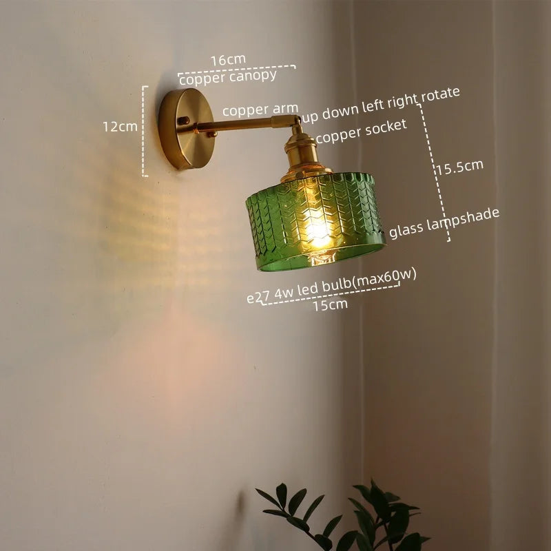Afralia™ Retro Copper Glass LED Wall Lamp with Pull Chain Switch for Living Room