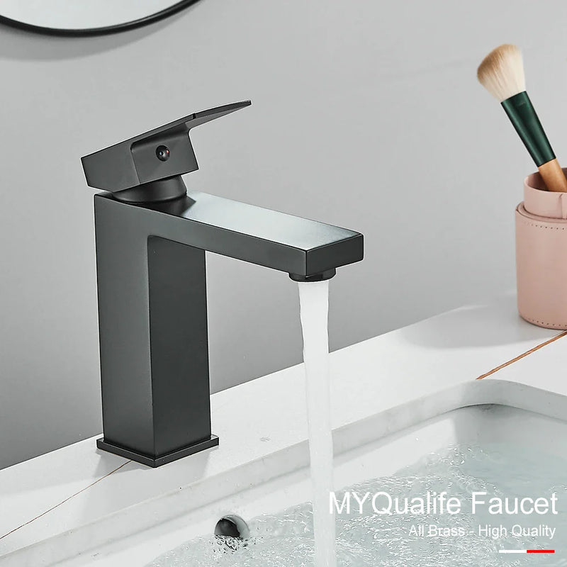 Afralia™ Black Brass Square Basin Faucet: Bathroom Washbasin Mixer Tap, Single Handle Tall Model.