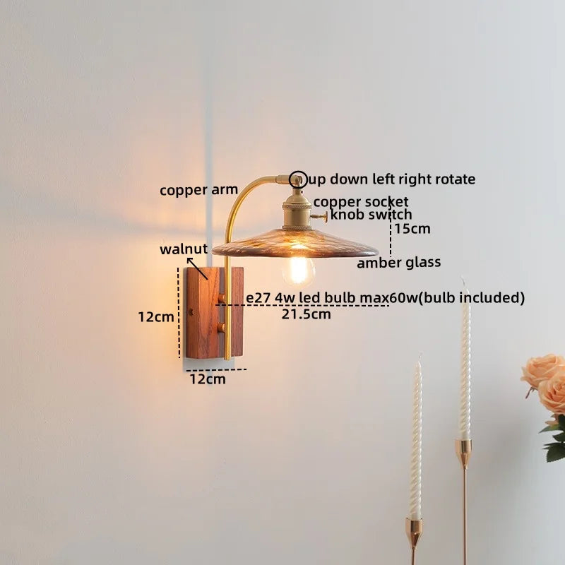 Afralia™ Glass Walnut LED Wall Light - Modern Bedroom Balcony Living Room Lamp