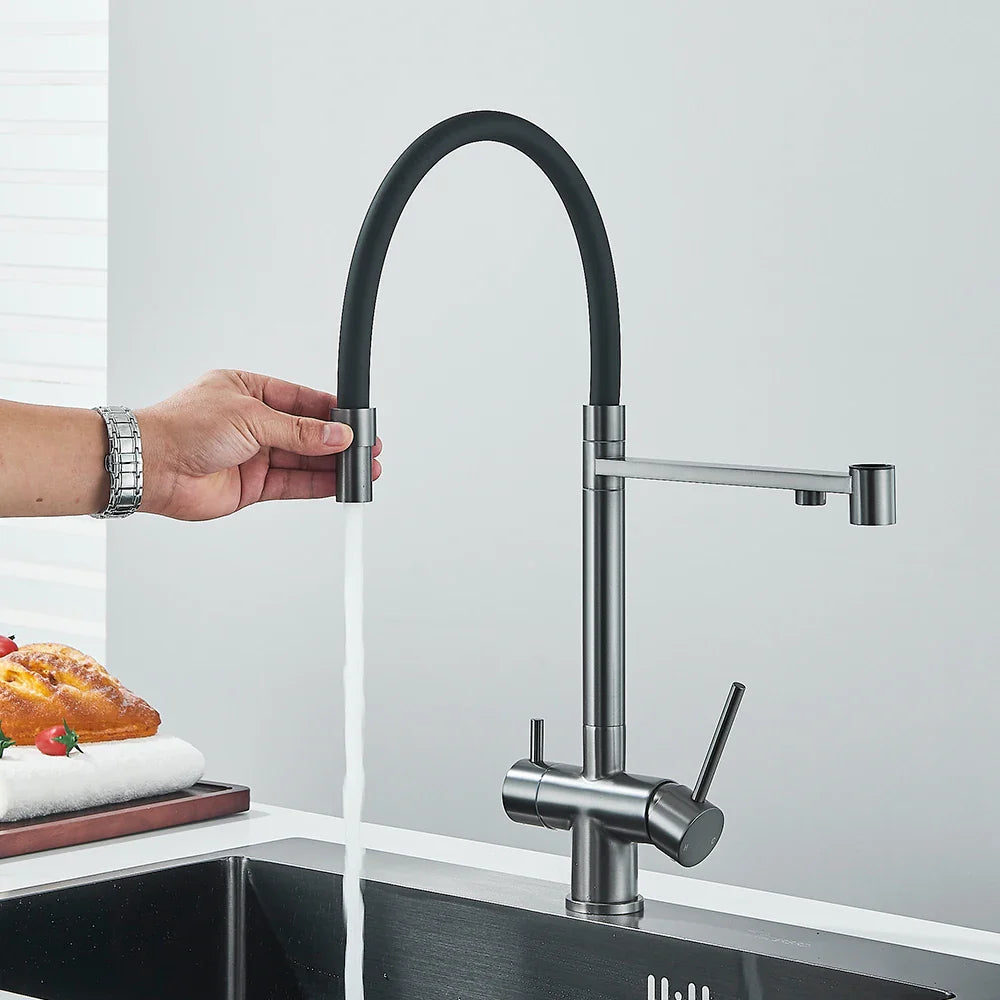 Afralia™ Gun Gray Filtered Kitchen Faucet - Dual Handle Pull Out Brass Sink Mixer