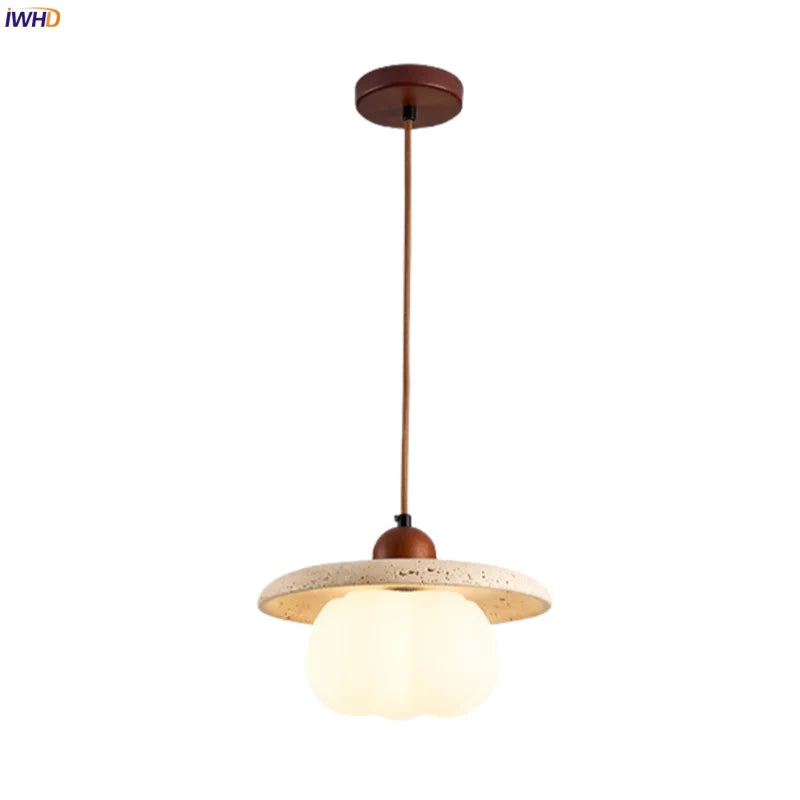 Afralia™ Pumpkin Glass Pendant Lights Yellow Travertine Hanging Lamp for Kitchen Bedroom Decor