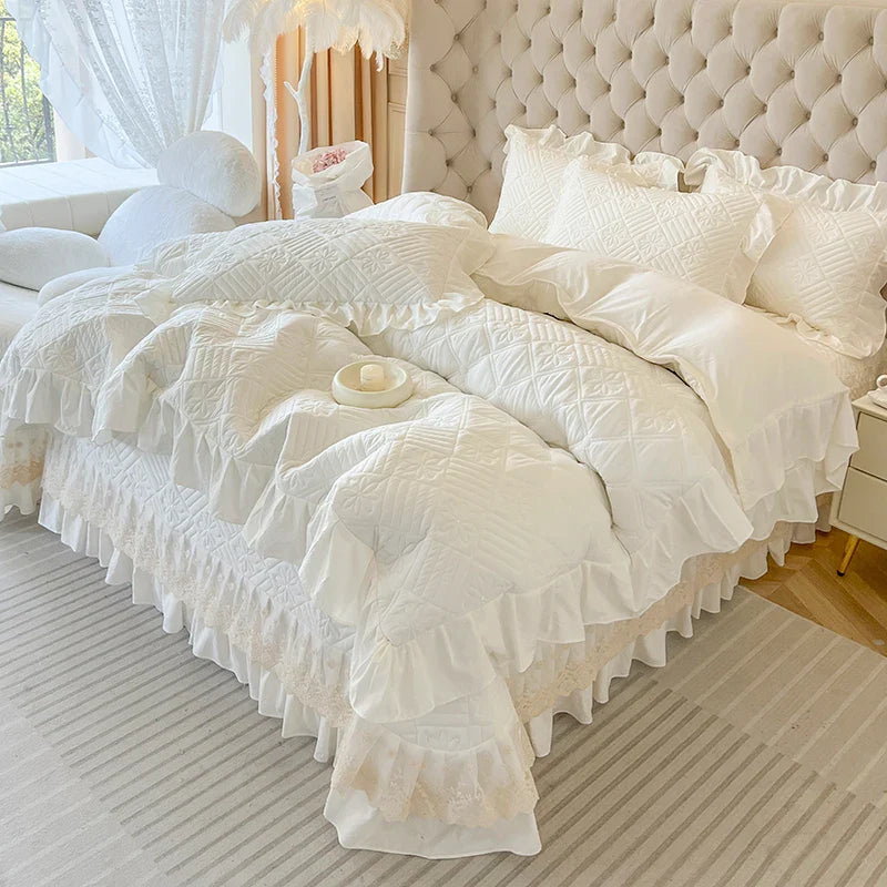 Afralia™ Korean Princess Style Quilted Bedding Set with Lace Ruffles 200x230cm
