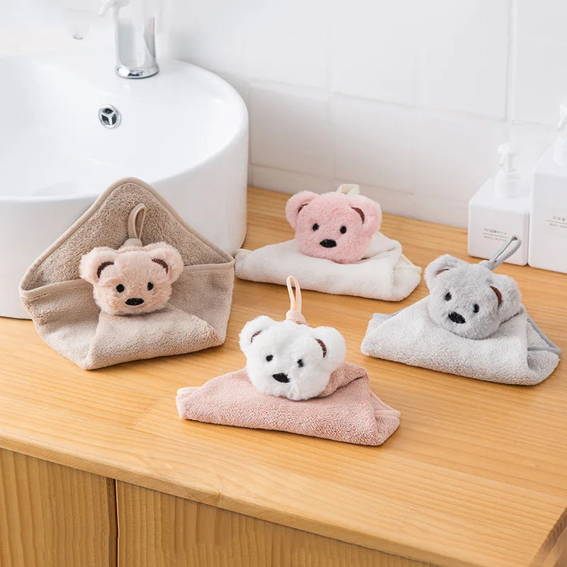 Afralia™ Cartoon Bear Coral Velvet Hand Towel - Soft Microfiber for Kitchen & Bathroom