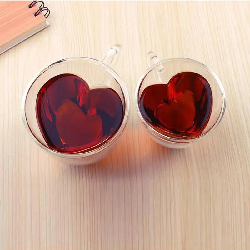 Afralia™ Heart Love Glass Coffee Mug Cup Set for Drinking Tea Juice Water Gift.