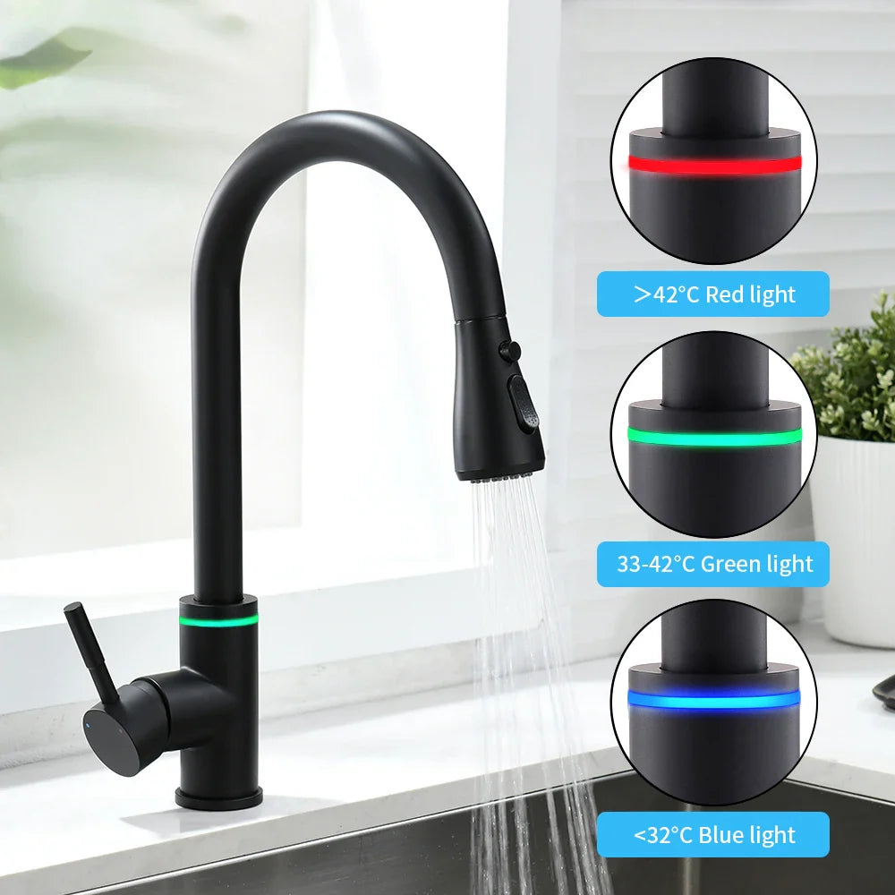 Afralia™ Smart Touch Black LED Kitchen Faucet Rotate Sink Mixer Tap