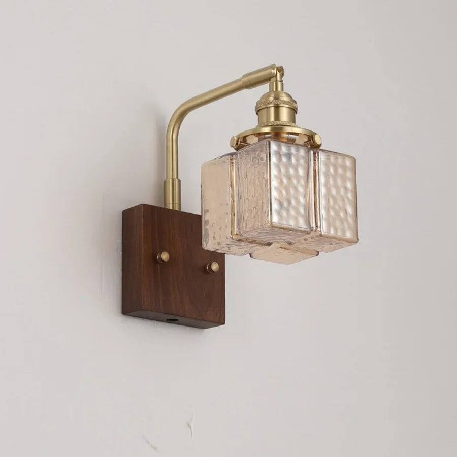 Afralia™ Amber Glass LED Wall Sconce with Walnut Wood, Pull Chain Switch for Living Room