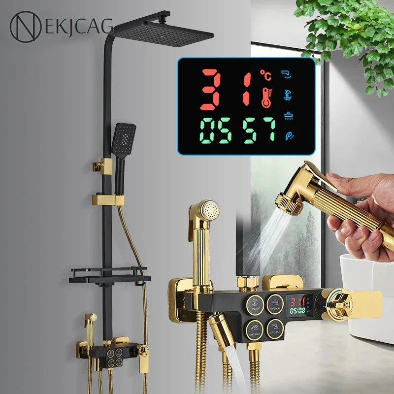 Afralia™ Smart Thermostatic Shower Faucet Set - Button Control Rainfall Bathtub Mixer