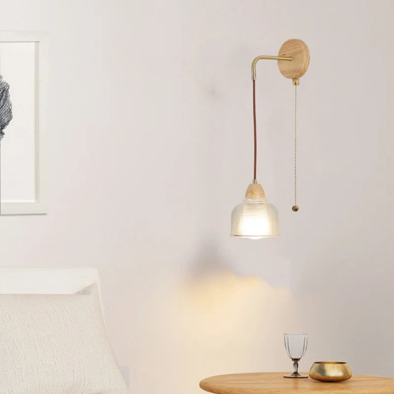 Afralia™ Wood Glass LED Wall Light with Pull Chain Switch