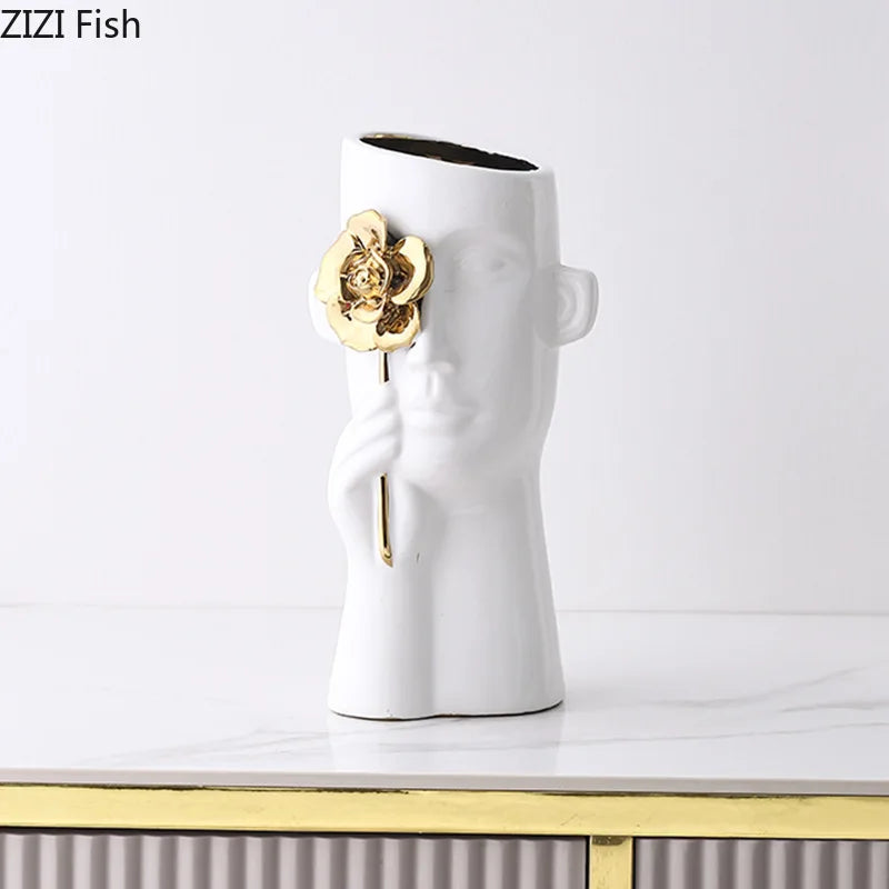 Afralia™ Gold Rose Relief Ceramic Vase, Elegant Desk Floral Vase for Room Decor