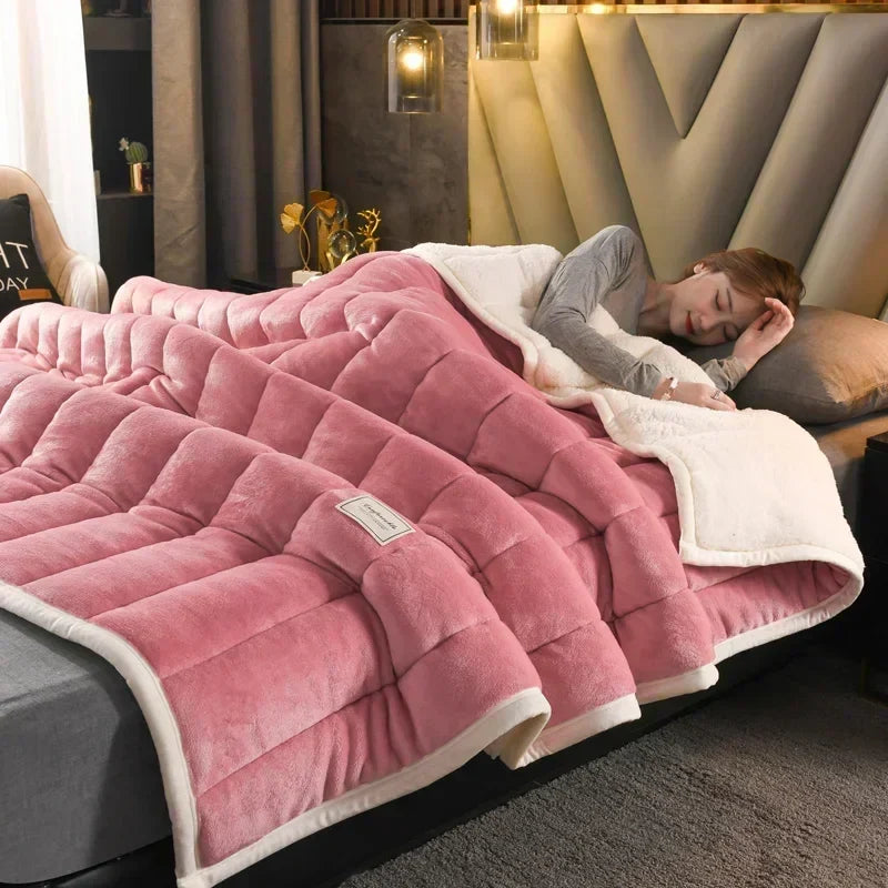 Afralia™ Cozy Flannel Fleece Lambswool Blanket - 3 Layers, Warm & Soft for Bed.