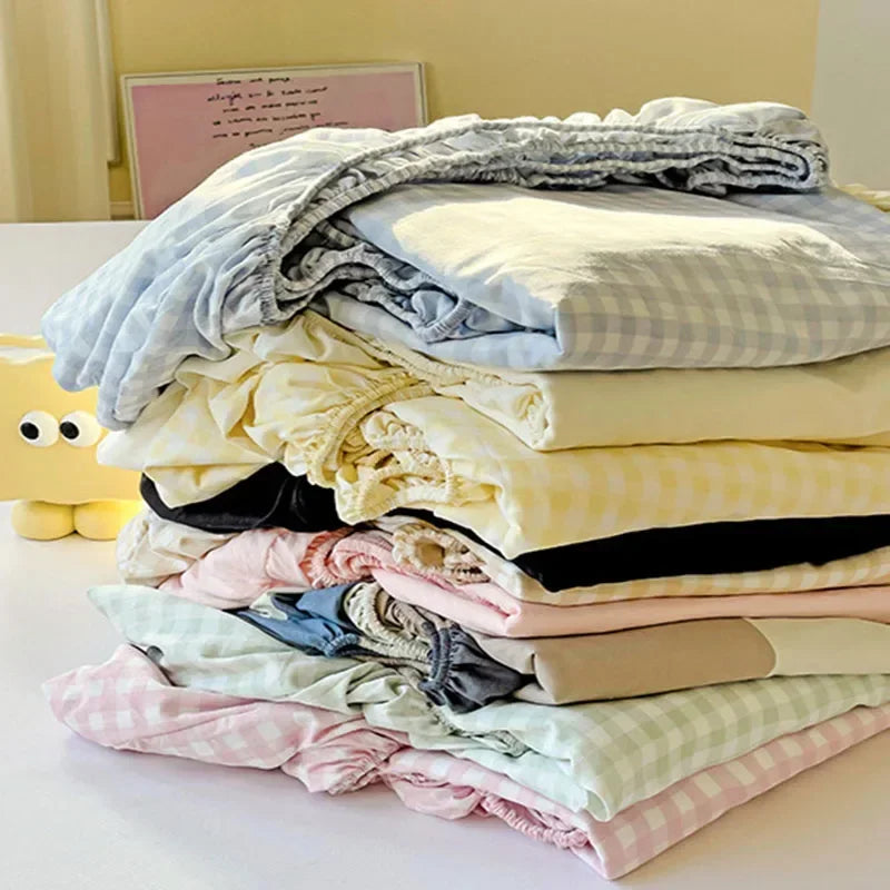 Afralia™ Ultra-Thin Grid Pattern Fitted Sheet Set: Soft Breathable Washed Cotton Mattress Cover