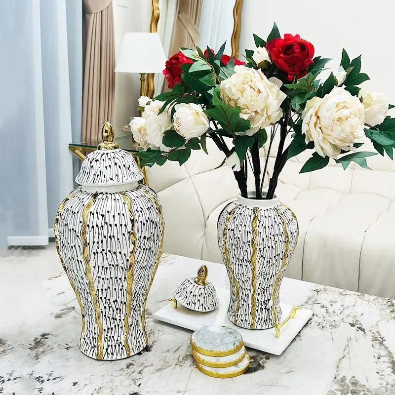 Afralia™ Checkmate Gold Border Spot Vase: Porcelain Handicraft Flower Storage Tank