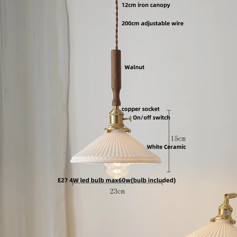 Afralia™ Modern Walnut Wood LED Pendant Lights with Green Glass & Copper Knob Switch