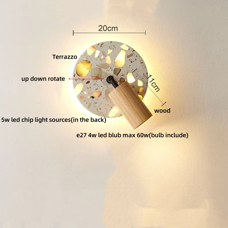 Afralia™ Terrazzo LED Wall Lights Iron Rotate Pull Chain Switch Wood Bedside Lamp