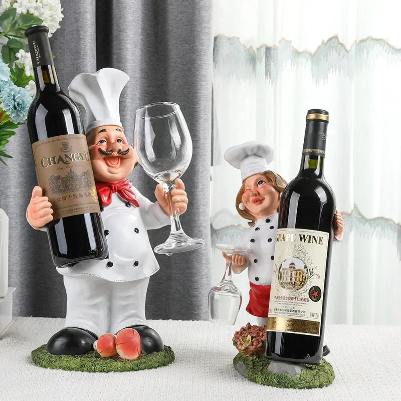 Afralia™ Cartoon Chef Resin Wine Rack Storage Holder Kitchen Home Decor Figure sculptured host rack