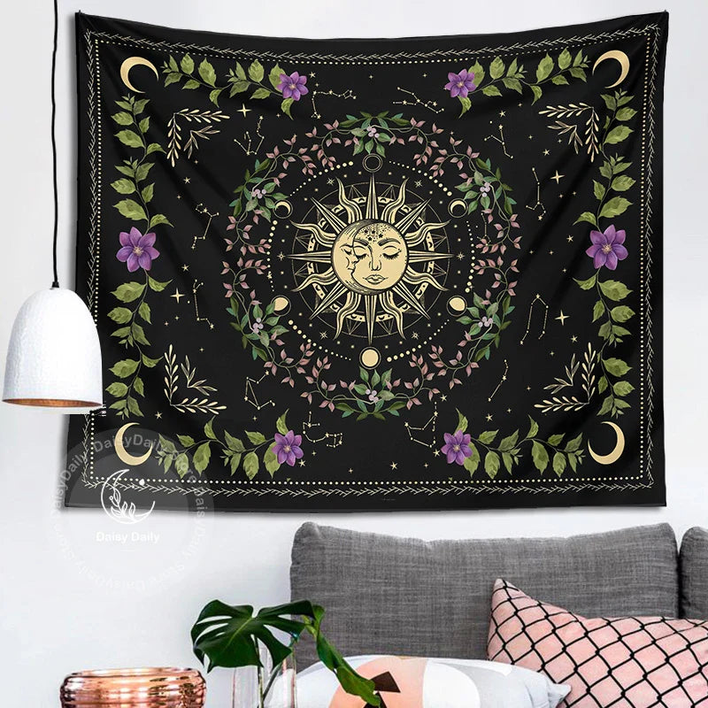 Afralia™ Botanical Moon Phase Floral Tapestry Wall Hanging for Cottagecore Dorm Decor