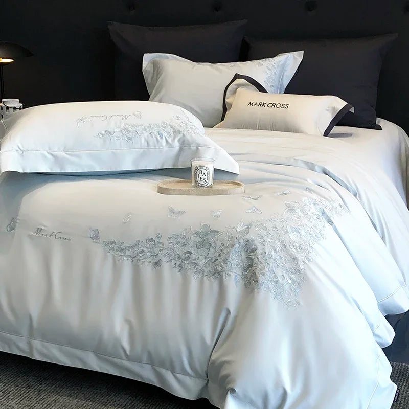 Afralia™ Egyptian Cotton Bedding Sets in White, Queen King Ru Size Bed Linens